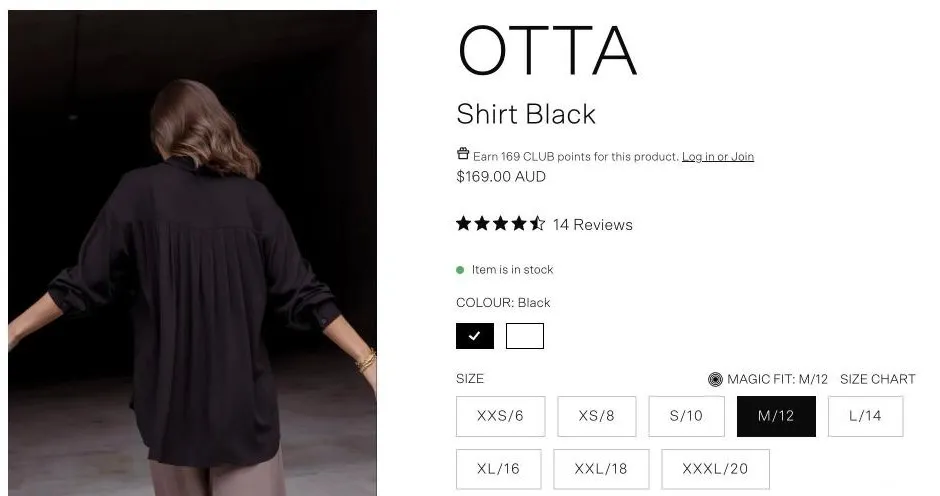 Alexandra's OTTA Shirt product page, with Magic Fit's recommended size beside the size chart link above the size buttons