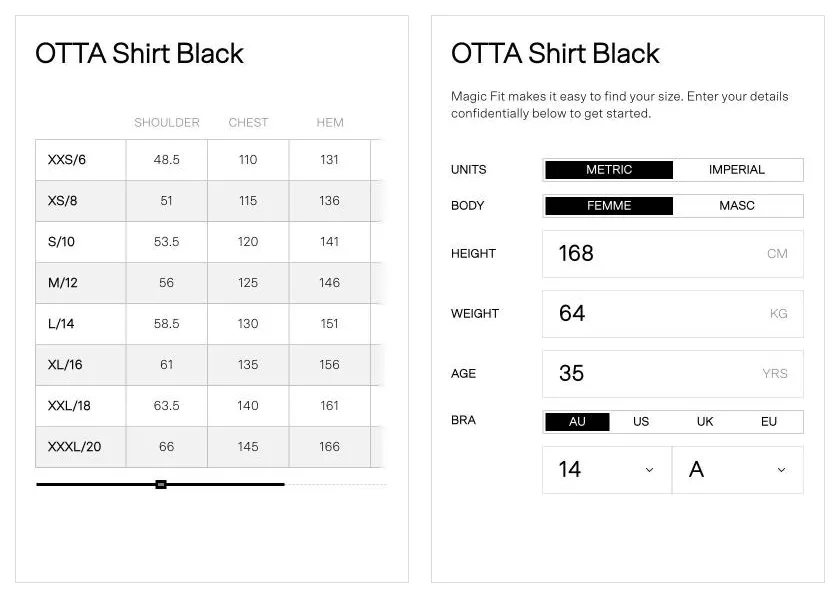 Two panels from Alexandra's OTTA Shirt: on the left, the garment-level size chart with shoulder, chest and hem measurements for each size; on the right, Magic Fit's form asking for height, weight, age and bra size