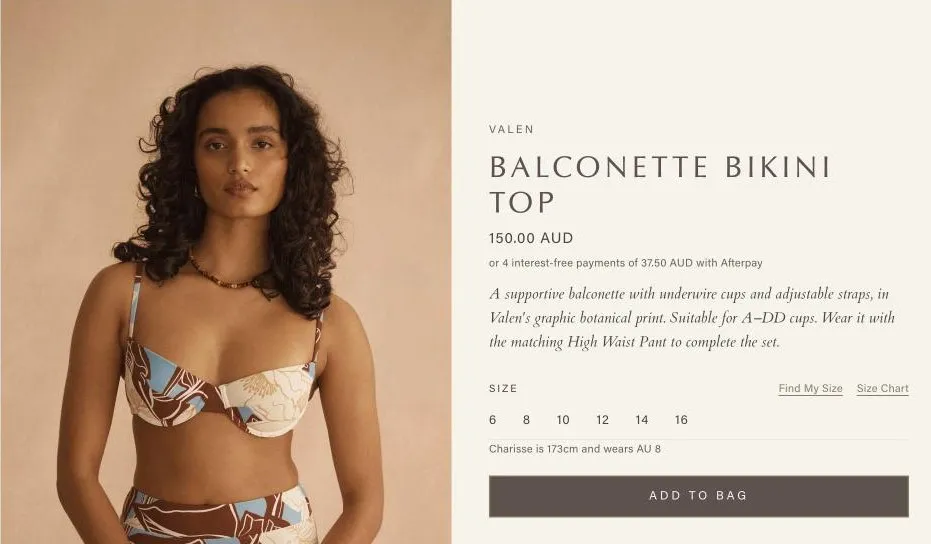 AUR OCEÀ's Valen Balconette Bikini Top product page, with Magic Fit's Find My Size link beside the Size Chart link above the size buttons