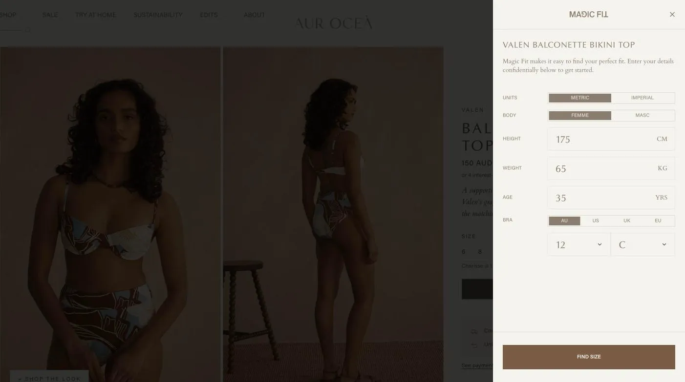 AUR OCEÀ's Valen Balconette Bikini Top product page with Magic Fit open beside it, asking for height in centimetres, weight in kilograms, age and an AU bra size