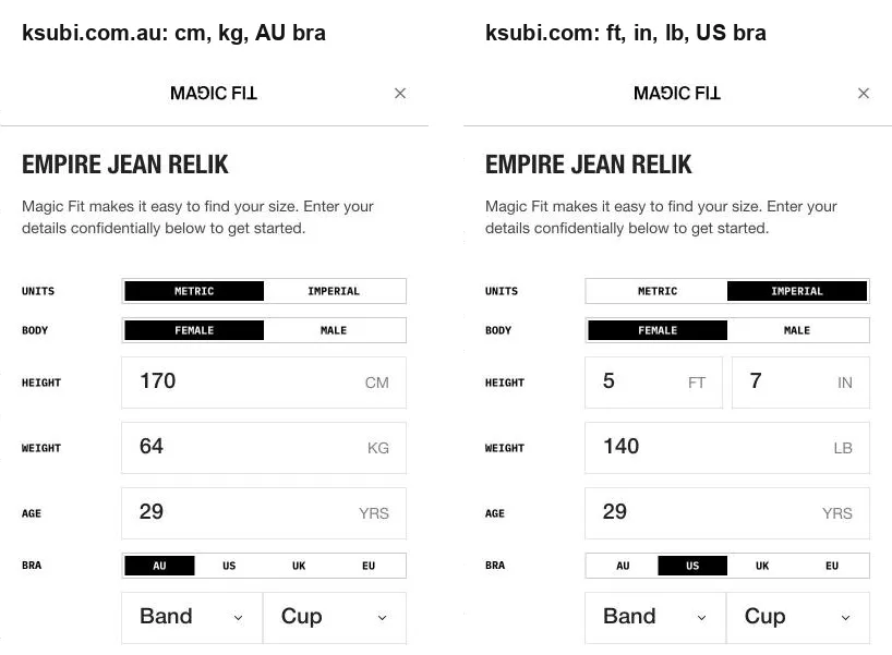 Magic Fit's inputs on Ksubi's two stores for the same shopper: centimetres, kilograms and AU bra sizes on ksubi.com.au, and feet, inches, pounds and US bra sizes on ksubi.com