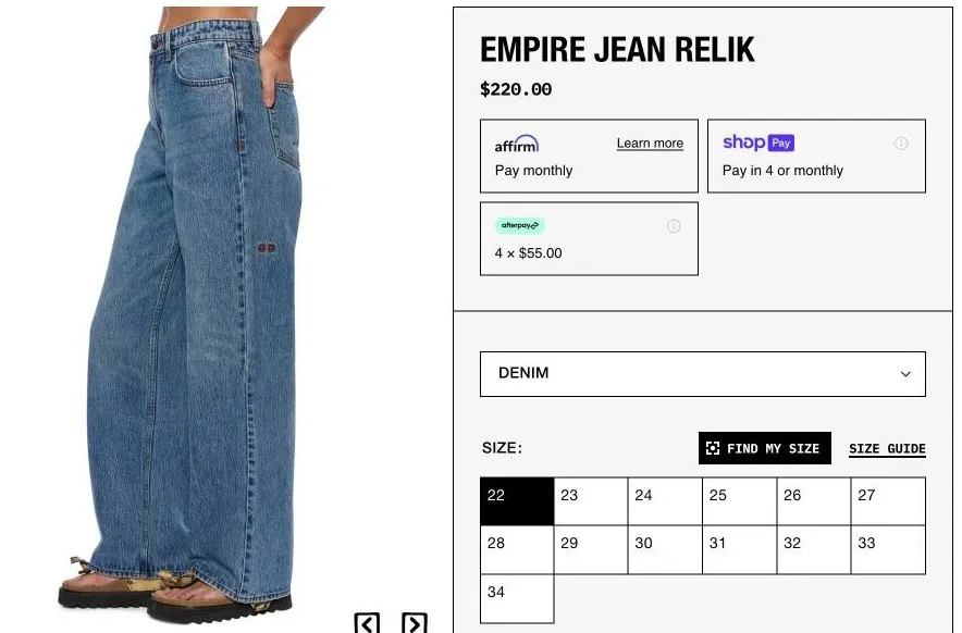 A Ksubi US product page for the Empire Jean Relik, with Magic Fit's Find My Size button beside Ksubi's own size guide