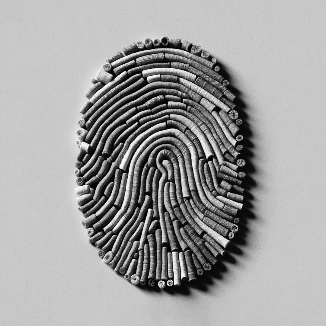 Sculpture en empreinte digitale faite de papier enroulé, représentant les données biométriques